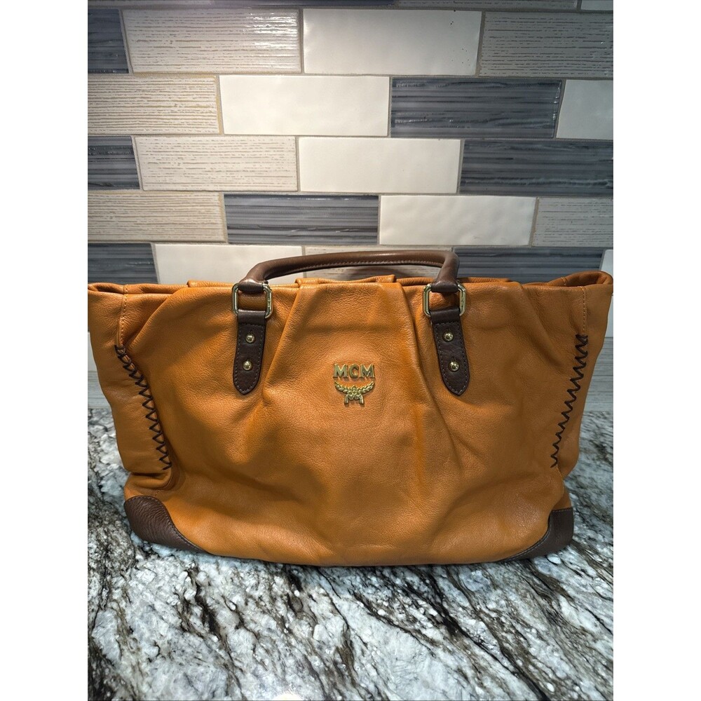 Authentic MCM Saddle-Orange/Dark Brown Leather Medium Tote Bag w/ Gold Hardware